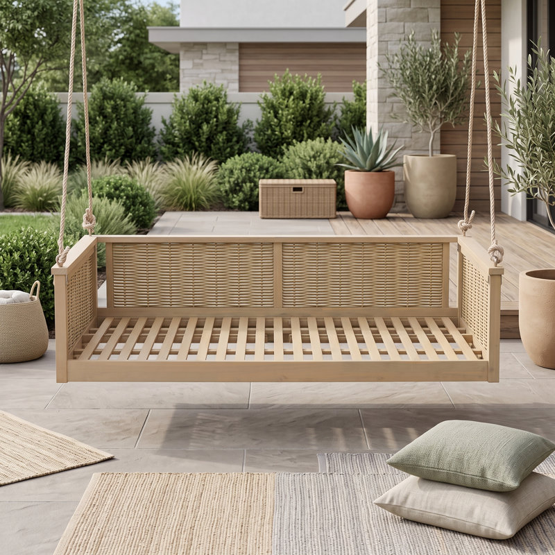 Lit balançoire simple en bois d'acacia massif pour la cour arrière, salon suspendu en rotin avec cordes, Light Teak