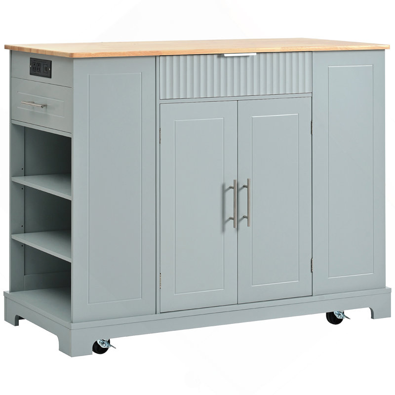 Fluted Kitchen Island With Trash Can Storage Cabinet, Power Outlet, Internal Storage Rack, Rolling Kitchen Islands On 5 Wheels With 3 Drawer, 3 Open Side Racks For 10 Gallon Garbage Bin,Grey Blue