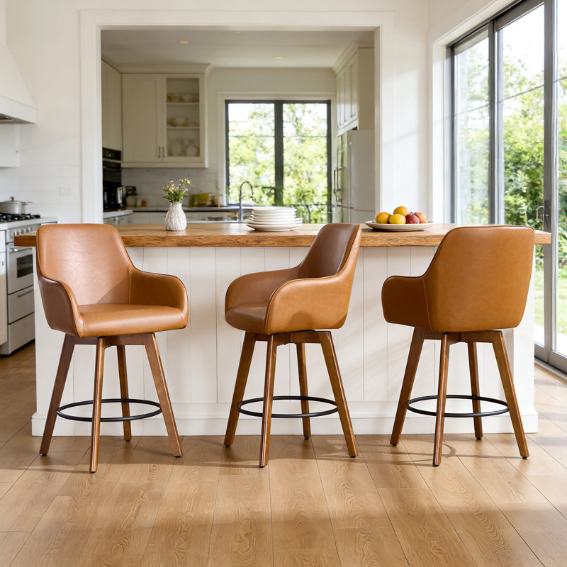 Advika 25" Swivel Full Back Counter Height Bar Stools with Solid Wood Frame & Arms (Set of 3), Brown