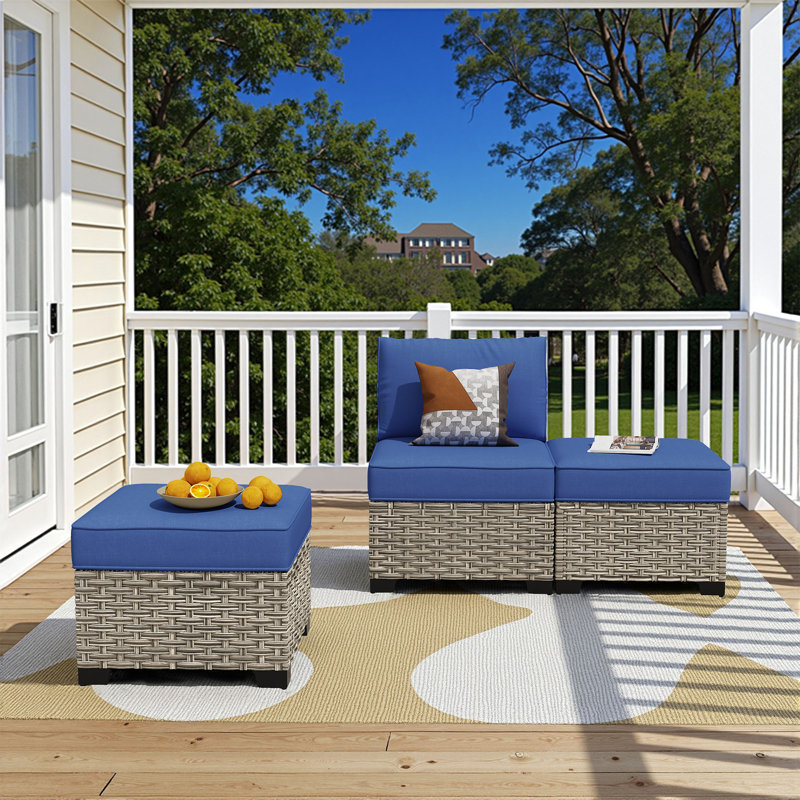 3-Piece Armless Outdoor Pe Wicker Patio Chair Set With 2 Multifunctional Ottomans And Cushions, Navy