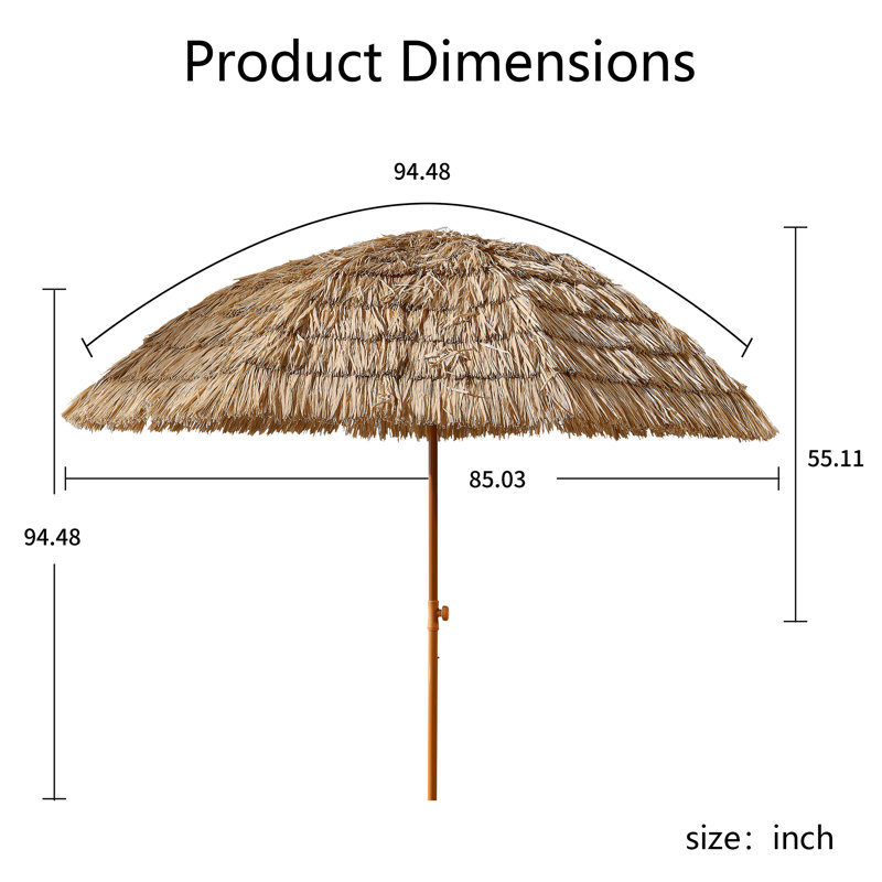 8ft Brown Thatch Tiki Patio Umbrella, Tropical Raffia Outdoor Beach Sun Shade Umbrella