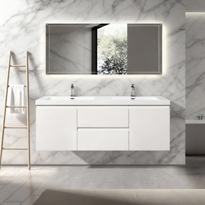 Meuble-lavabo flottant mural 60 po blanc brillant avec double comptoir à surface solide blanc
