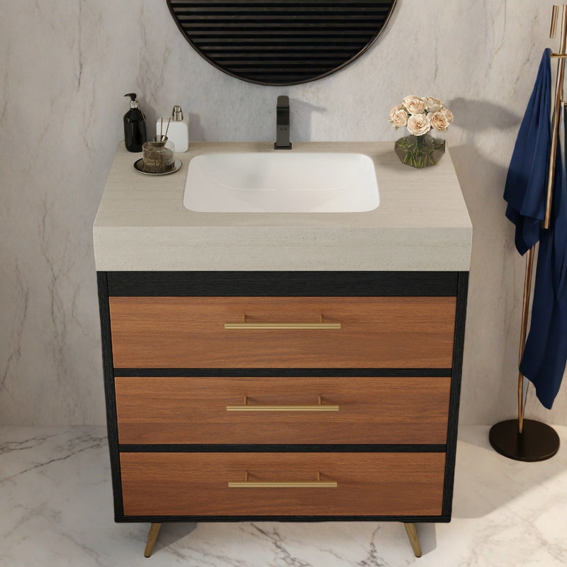 Meuble-lavabo moderne avec lavabo en céramique et plateau en pierre frittée pour salles de bain élégantes