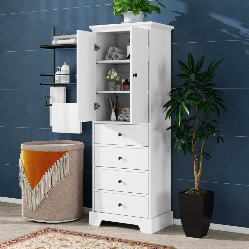Armoire de rangement autoportante avec 2 portes et 4 tiroirs pour la salle de bain, le bureau, la cuisine, la tablette réglable de l'armoire garde-manger, panneau de fibres à densité moyenne avec finition peinte