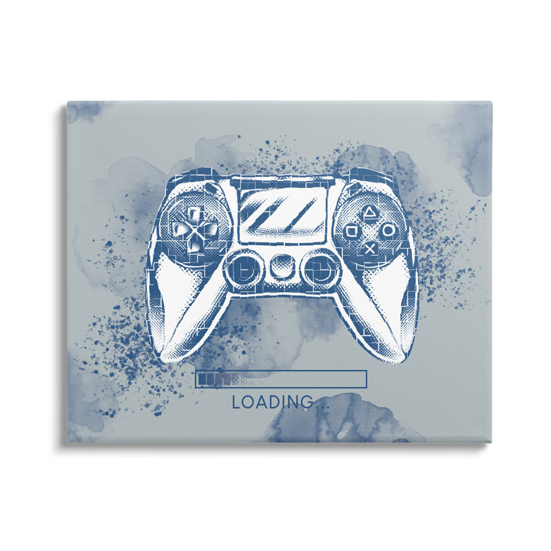 Manette de jeu rétro, symbole de chargement bleu moucheté par Ziwei Li - impression, Toile tendue, H 24 po x l 30 po