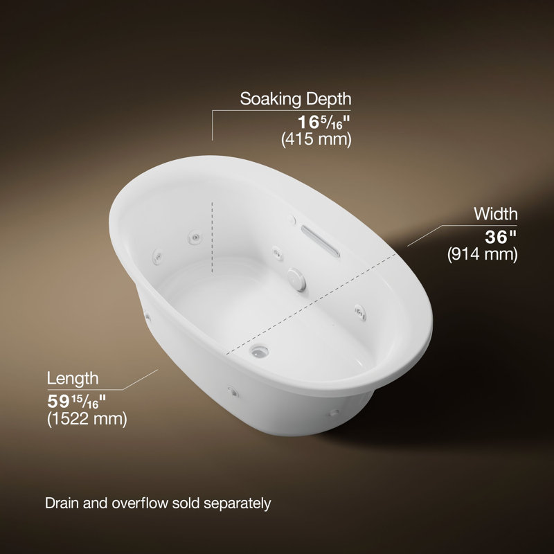 Underscore Ova 60" x 36" Drop In Whirlpool Acrylic Bathtub with Heater Included, White