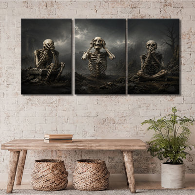 «Three Wise Skeletons See No Hear No Speak No Evil Dark Ruins», art mural sur toile 3 pièces