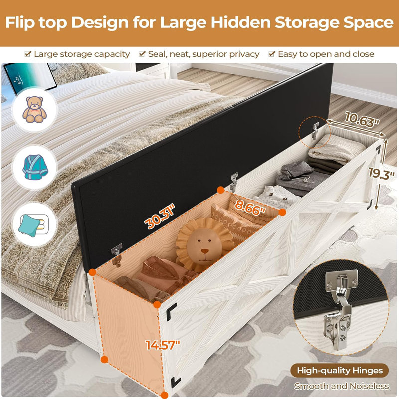 Bed Frame Queen Size With Storage Headboard And Ottoman Farmhouse Queen Platform Bed Frame With Led Lights,Charging Station And Storage Bench,Metal Slats,No Box Spring Needed