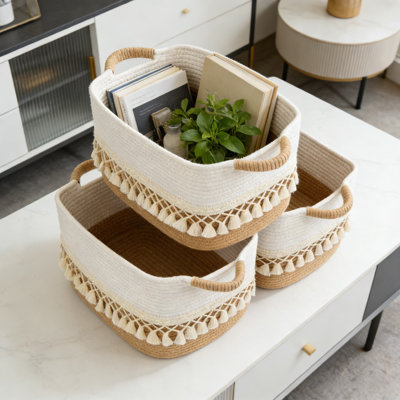 Cotton Rope Storage Baskets With Tassel, 3-Pack Woven Organizer Bins For Shelves, Heavy-Duty Decorative Storage For Home Organization, Laundry, Toys, And Clutter