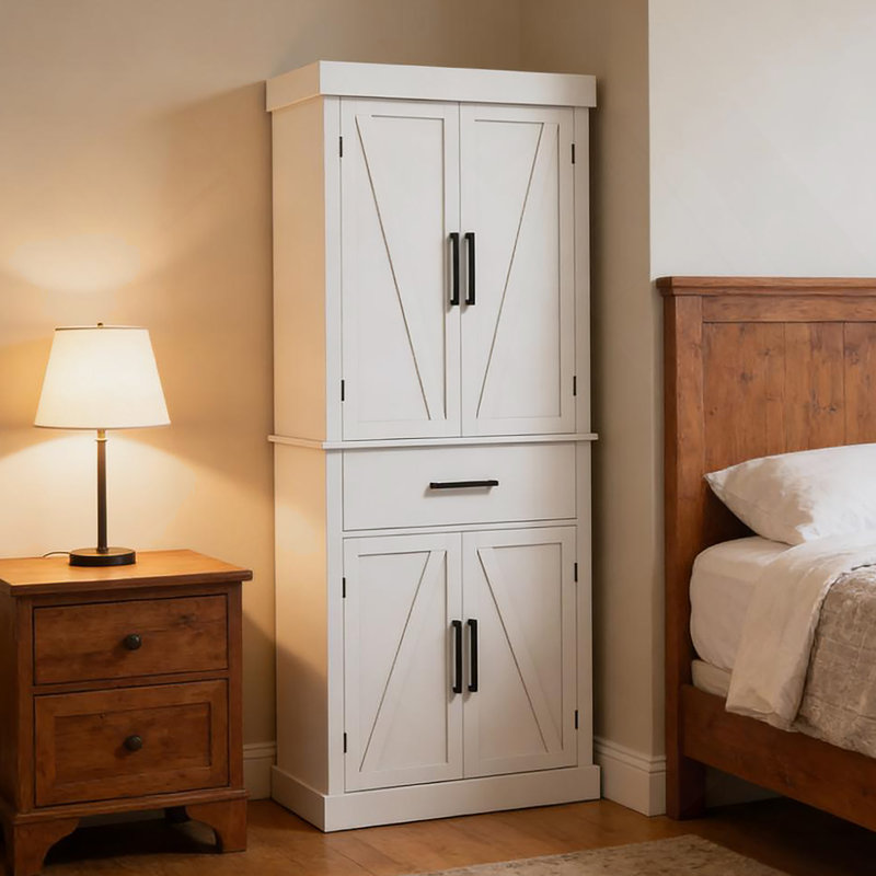 Armoire de cuisine, armoire de cuisine haute, avec tiroir, tablette à 5 niveaux et tablettes réglables, Blanc