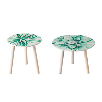 Ensemble de 2 tables d'appoint modernes inspirées de la nature avec plateau à motif de plantes grasses, blanc et vert