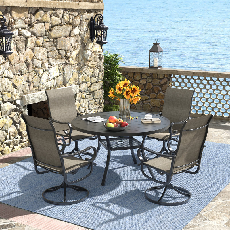 Ensemble repas d'extérieur pour 4 personnes avec fauteuil pivotant 4 personnes, Brun / Noir