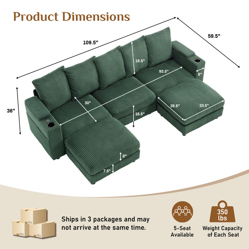 109 Inch Wide Corduroy Modular Sectional Sofa with Ottomans and Cup Holders, Green