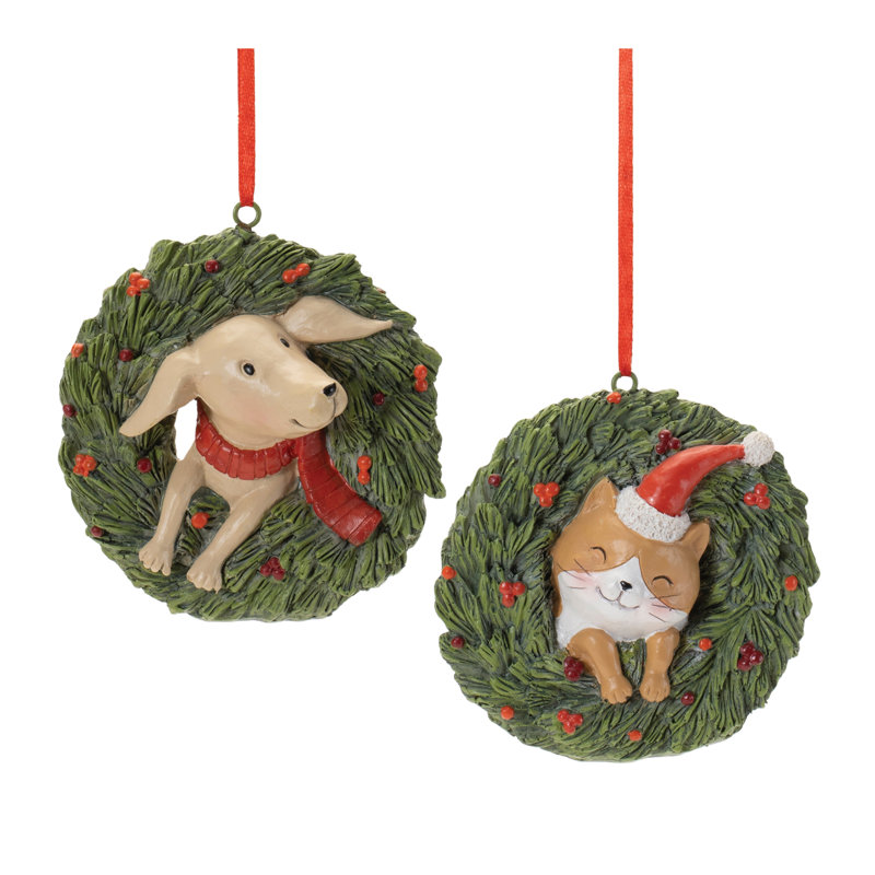 Ornement en forme de couronne ludique chat et chien (ensemble de 4)