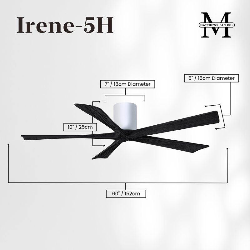 60" Irene 5-Blade Hugger Ceiling Fan with Wall Remote, Gloss White, Matte Black, 60"