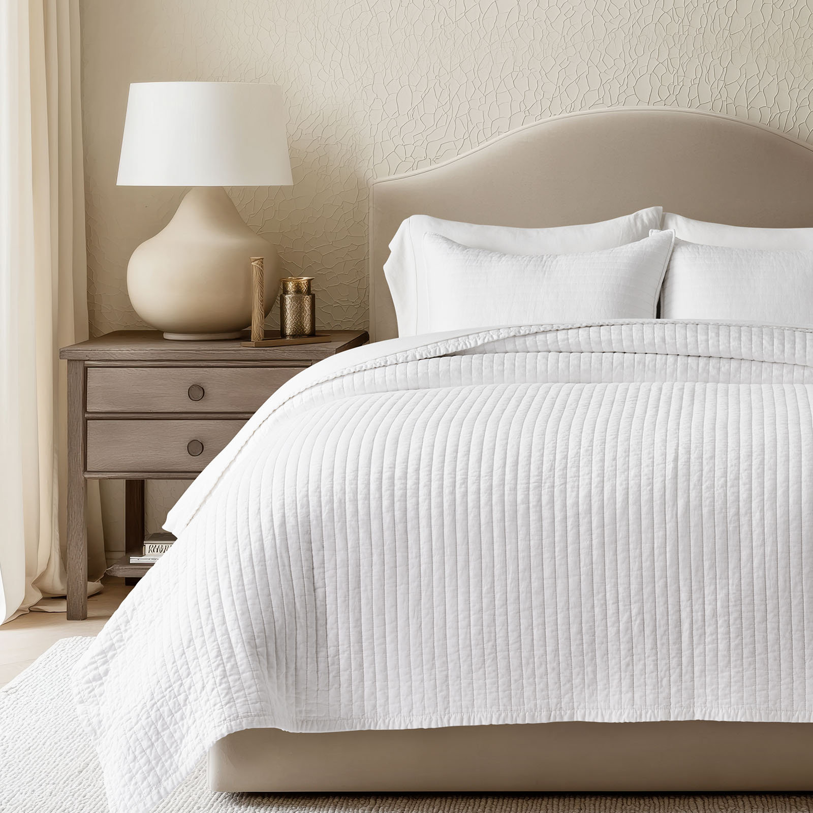 Cotton Sateen Quilt Set, Queen Quilt + 2 Queen Shams, Bright White