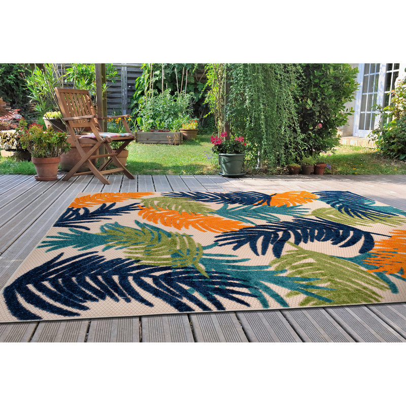 Tapis intérieur / extérieur à motif floral bleu / vert / orange Hernandez, Rectangle 5 pi x 7 pi