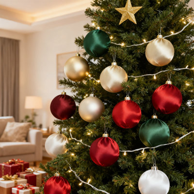 12 babioles de Noël en satin brillant - 6 babioles blanches, vertes et rouges élégantes pour la décoration festive de l'arbre de Noël