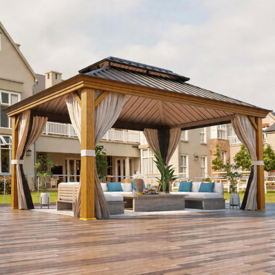 Heavy-Duty Aluminum Gazebo with Galvanized Steel Double Roof, Hardtop Outdoor Canopy with Curtain & Mosquito Netting for Patio Deck & Hot Tub