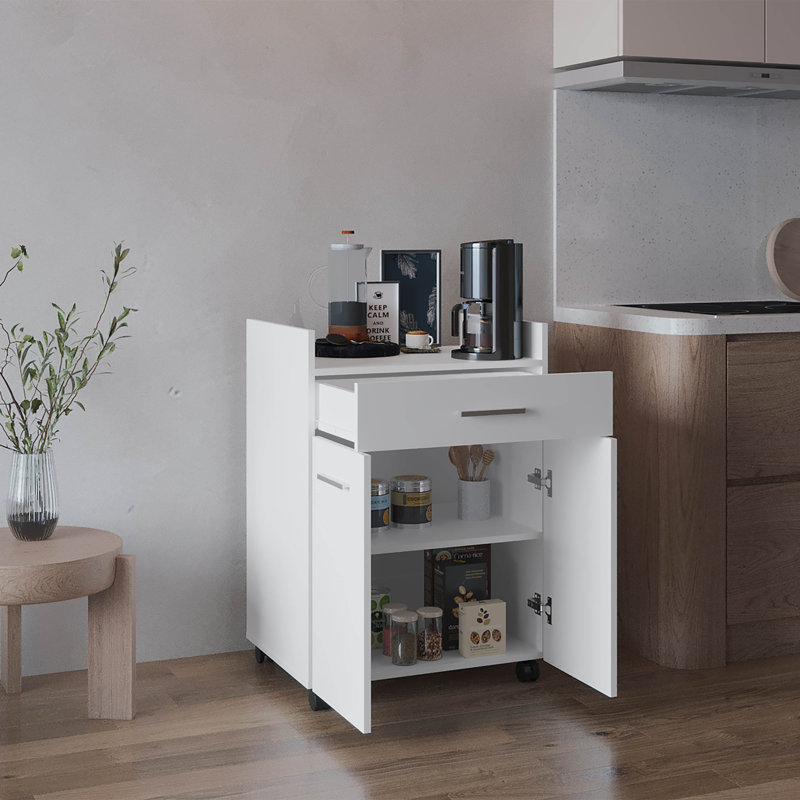 Chariot de cuisine, 2 portes, 1 tiroir, 4 roues, 2 tablettes, blanc