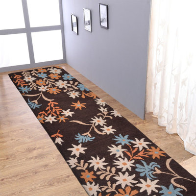 Tapis écologiques en laine touffetée à la main Candis - Tapis de couloir, couleur brune, motif floral moderne, tapis antidérapants faits à la main épais pour le salon, la chambre à coucher
