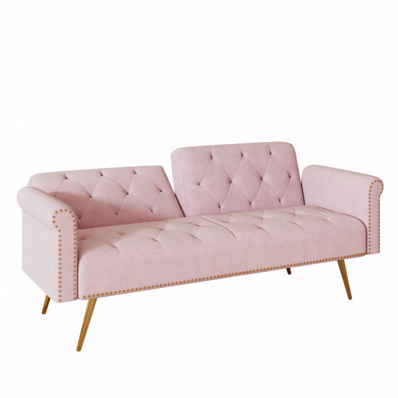 Un long canapé-lit en velours Covein de 69,7 po avec garniture cloutée et un oreiller assorti, Rose