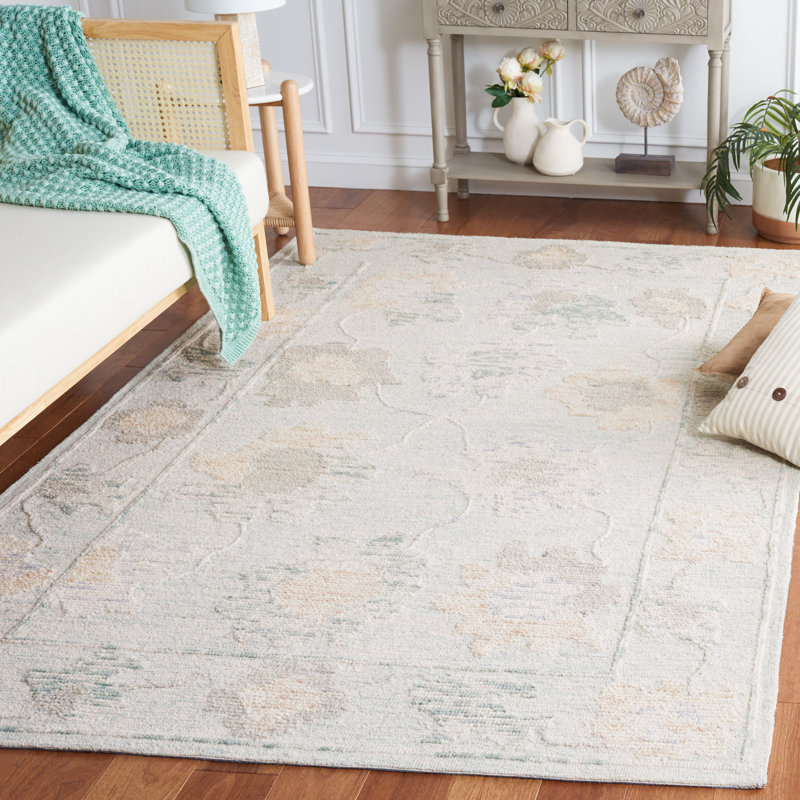 Portville Abstract Hand Tufted Wool Cotton Floral Rug in Gray/Beige, Rectangle 6' x 9'