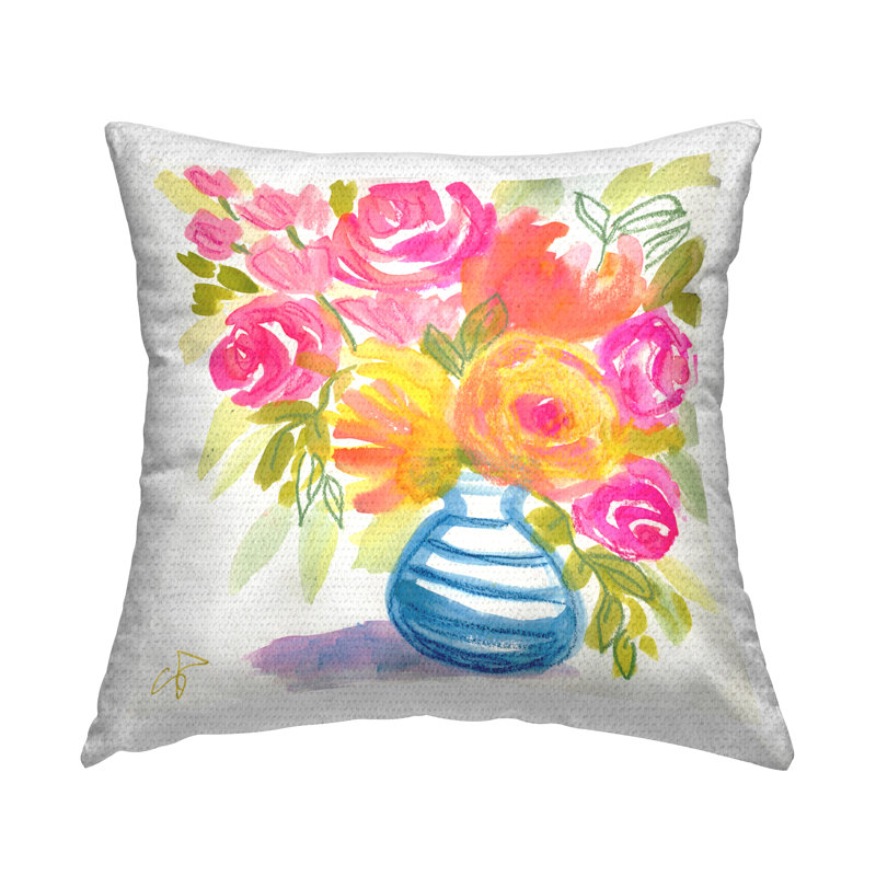 Coussin d'extérieur à motif de bouquet rose et jaune par Suzanne Allard