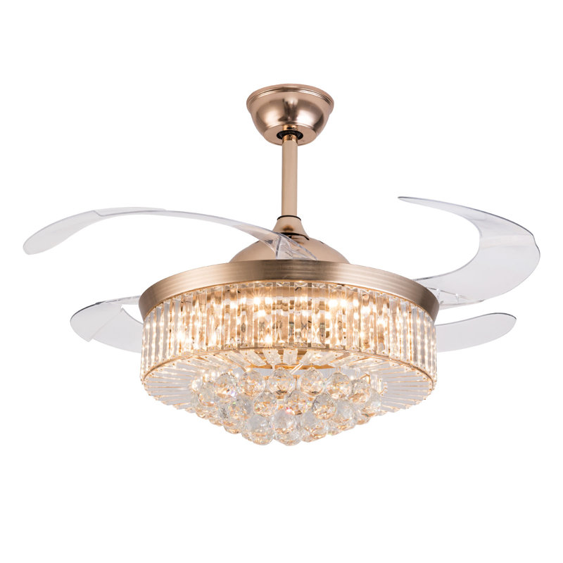 Ventilateur de plafond à DEL moderne en cristal 42 pouces avec télécommande, Or