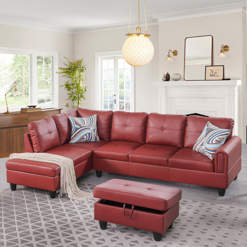 Jayzen 3 - Piece Vegan Sectional, Red Faux Leather, Black, Right Hand Facing