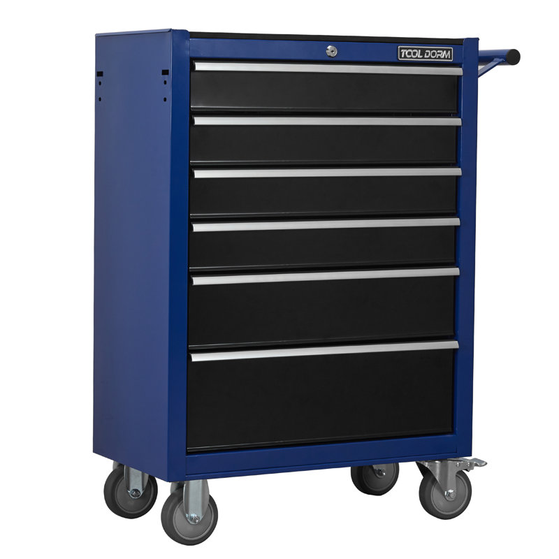 Armoire à outils roulante noire à 6 tiroirs, boîte à outils en métal de grande capacité, avec roulettes et serrure à clé, voiture à outils de rangement roulante, convient au garage, entrepôt, atelier