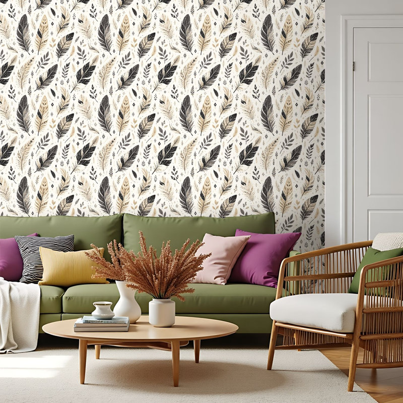 Papier peint auto-adhésif à motif de plumes à motif de plumes beige et noir, adhésif et amovible 17,7 po x 118 po (45 x 300 cm)