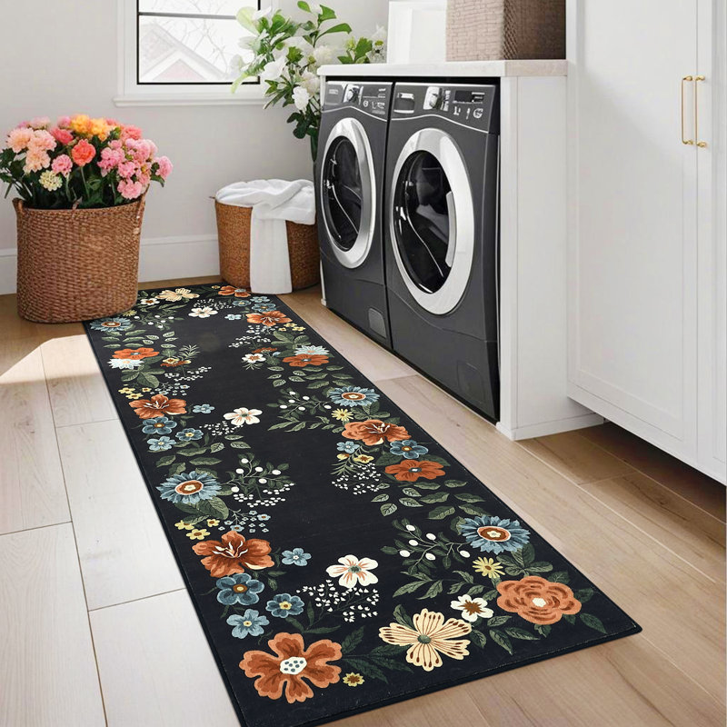 Floral Machine Washable Area Rug with Rubber Backing Non Slip Low Pile Aesthetics Carpet for Living Room Bedroom Office Playroom