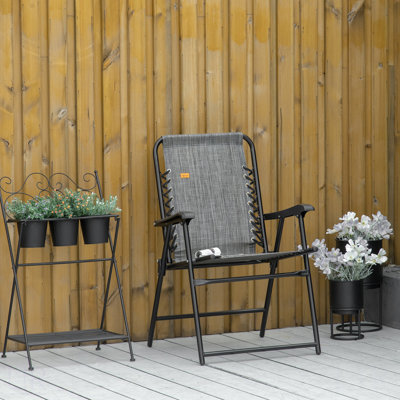 Patio Folding Chair, Outdoor Bungee Sling Chair W/ Armrests, Portable Lawn Chair For Camping, Garden, Pool, Beach, Backyard, Gray, Chair