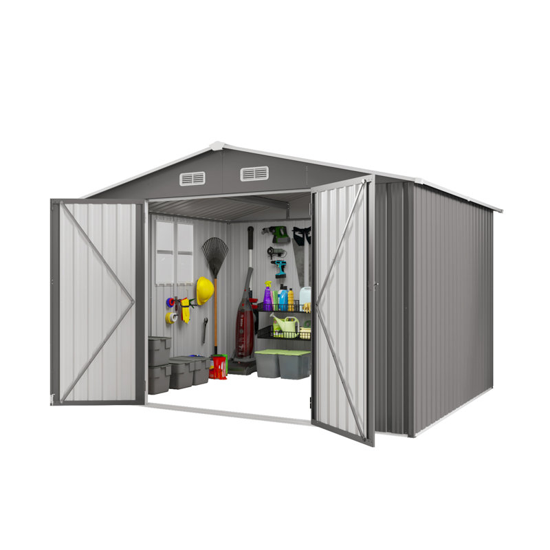 Large Gray Metal Garden Shed 120" L X 96" W 76.4" H With Lockable Double - Doors, Air Vent, And Clear Window For Storing Bikes, Generators, Easy To Assemble Outdoor Storage 10 8 Ft, Color, Door,