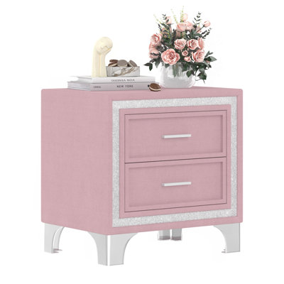 Mid-Century Velvet Nightstand with 2 Drawers &amp; Metal Legs, Pink