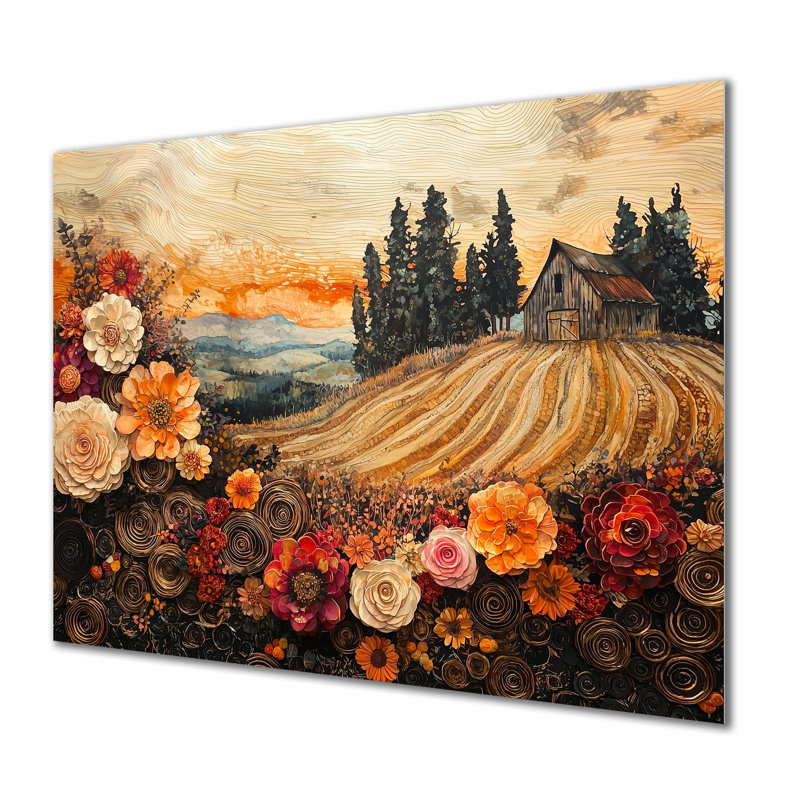 Assortiment de bouquets de fleurs, paysage de grange II - campagne, impression sur métal, H 34 po x l 44 po