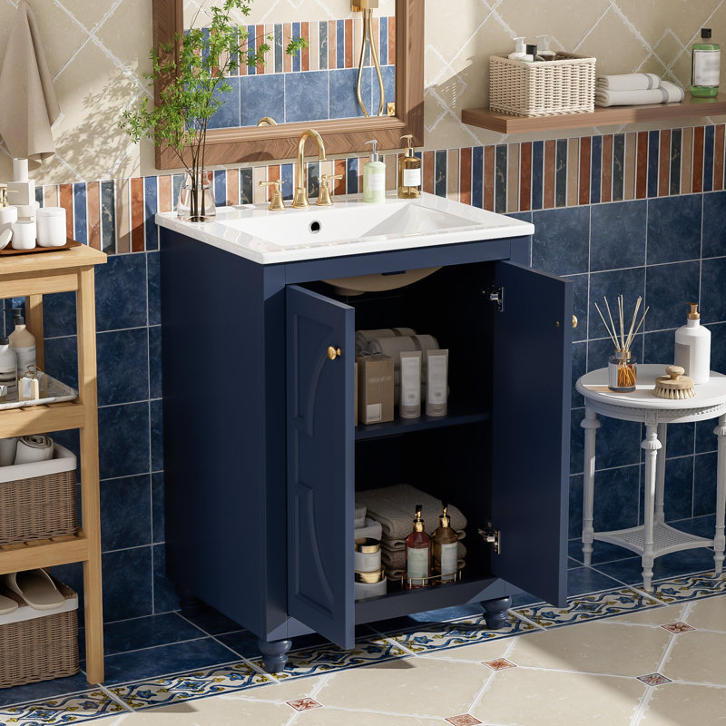 Meuble-lavabo de 24 po avec motif elliptique orné, tablette réglable et charnières à fermeture en douceur, Blue