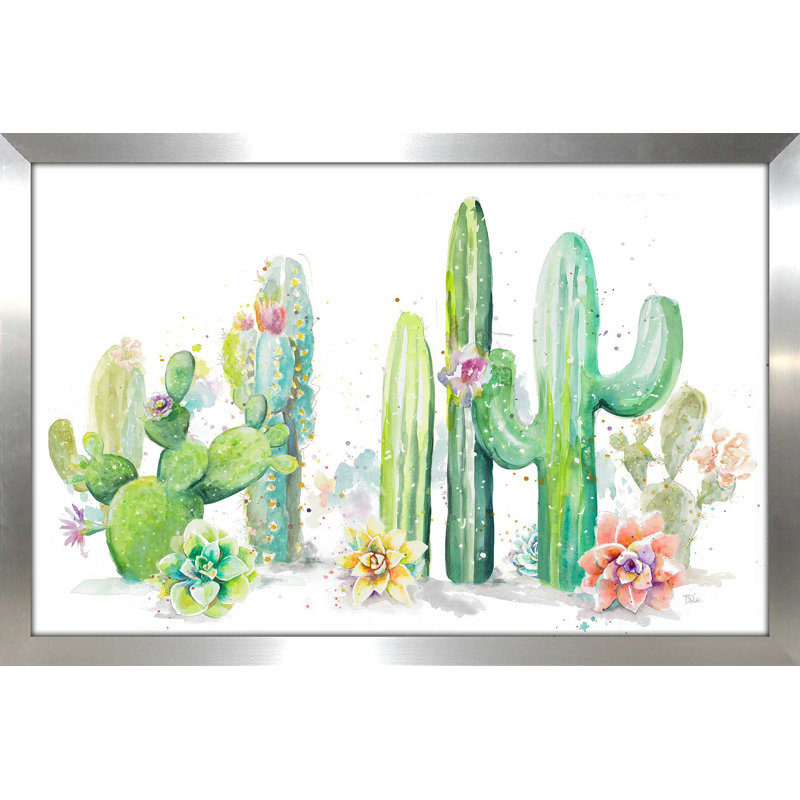 Jardin de cactus - reproduction sur toile, Encadrement argenté, H 27,5 po x l 39,5 po x P 0,75 po