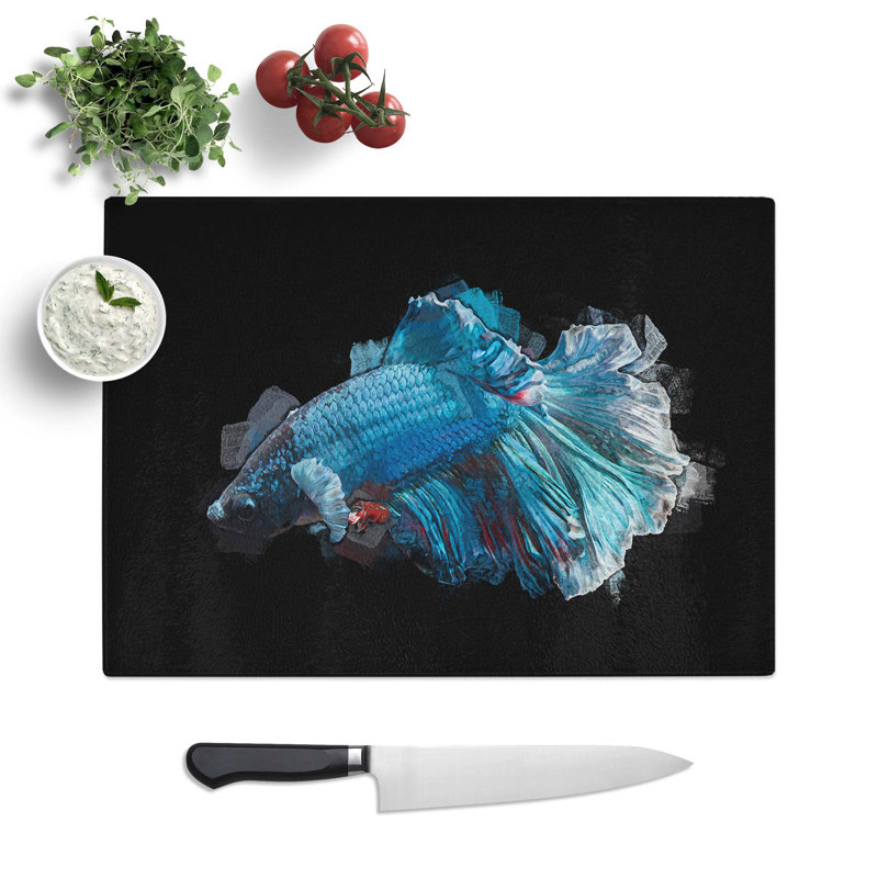 Tempered Glass Siamese Fighting Fish Chopping Board, 28.5 cm W x 20 cm L