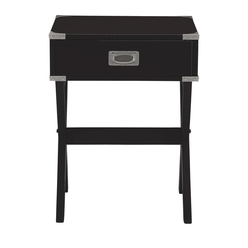 Table de bout rectangulaire à 1 tiroir en bois de style traditionnel avec coins en métal Grable, Noir
