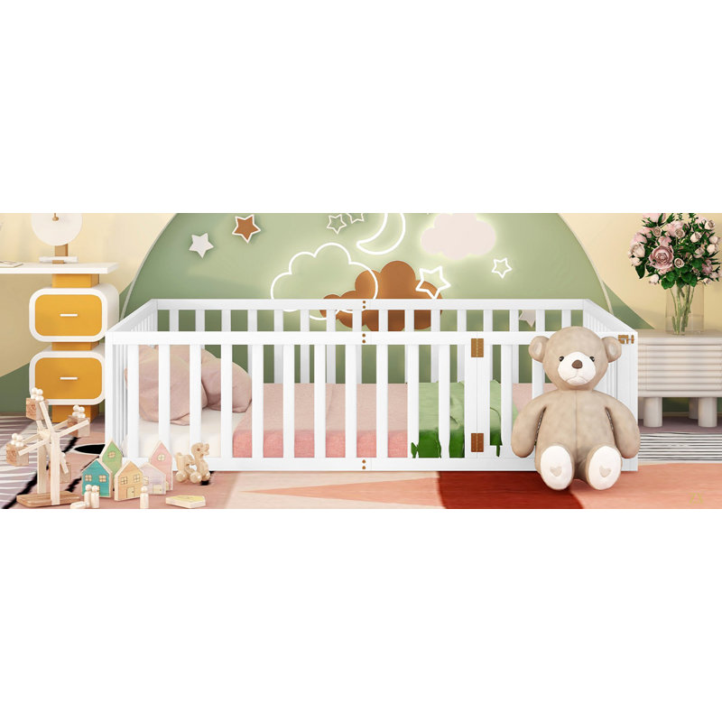 Structure de lit pour grand lit en bois avec clôture et porte, Grand lit, Blanc
