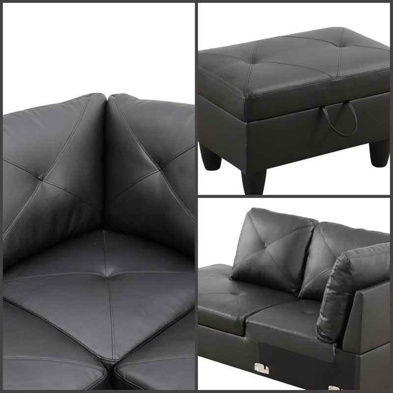 3-piece Black Faux Leather Modular Sectional Sofa, Left Hand Facing