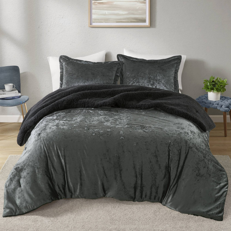 Ensemble d'édredon réversible en velours écrasé Mira, Édredon double / grand + 2 taies décoratives sta, Gris anthracite