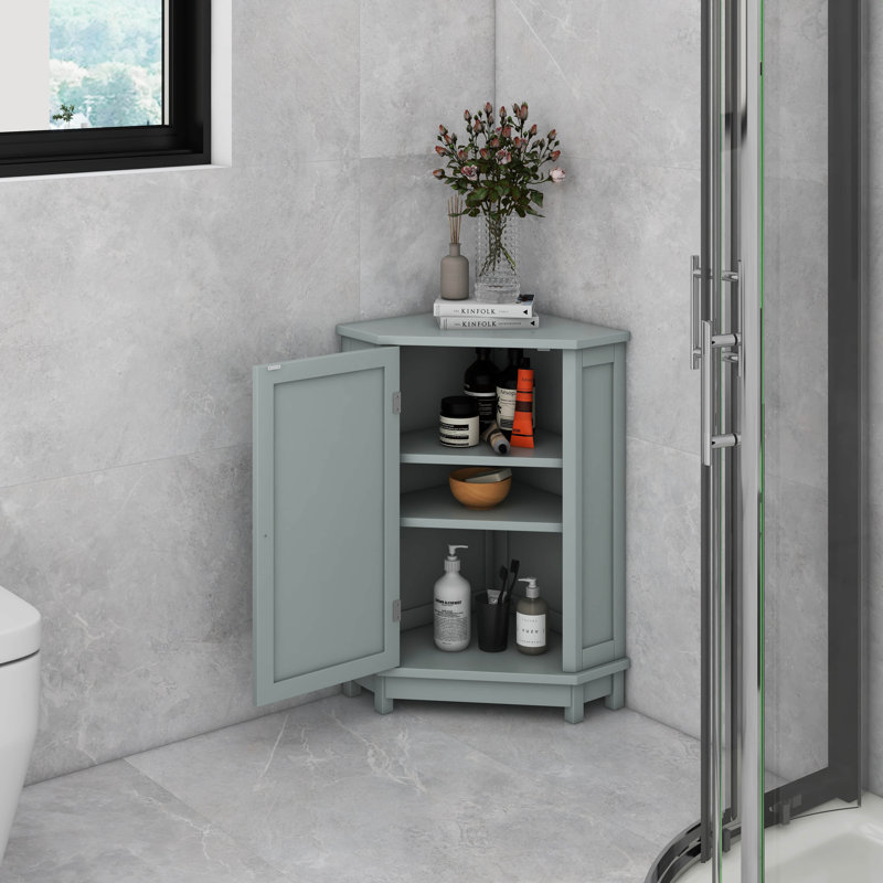 Armoire de salle de bain d'angle triangulaire avec tablettes réglables, Gris