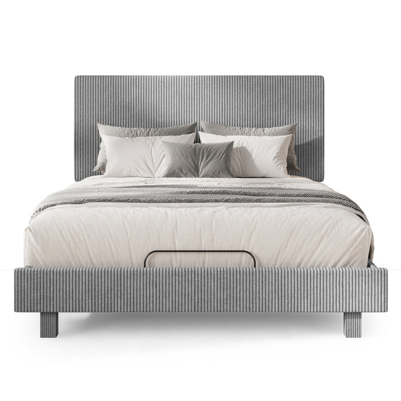 Upholstered All-in-One Adjustable Bed Frame Queen with Integrated Electric Base, Remote Control, Quiet Motor, Adjustable Headboard for 8–14" Mattresses, Vertical Channel Tufting, Light Gray