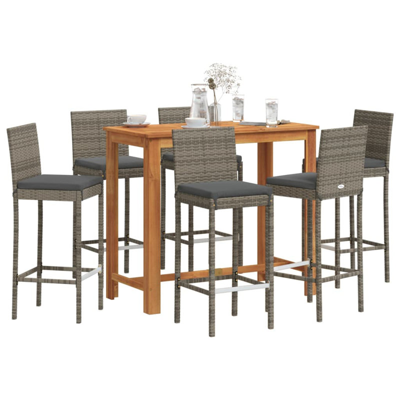 Wildon Home® 7 Piece Patio Bar Set Black Solid Wood Acacia And Poly Rattan, Gray, Cream