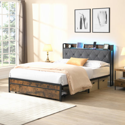 Très grand lit avec rangement, cadre de lit avec lumières DEL, tête de lit tapissier et 2 tiroirs, USB et station de charge