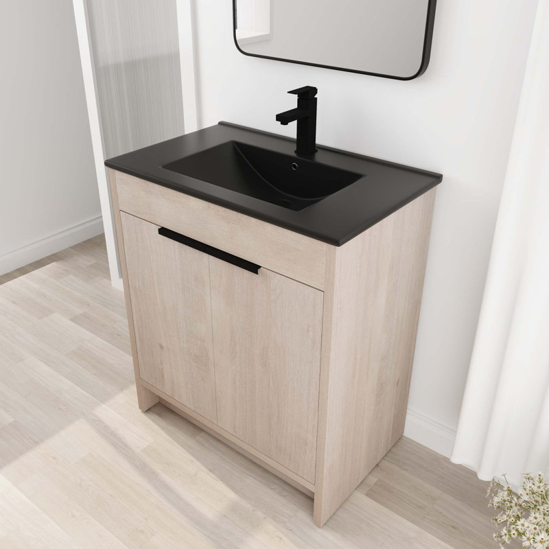 Meuble-lavabo autoportant avec lavabo en céramique, Chêne clair uni, Blanc