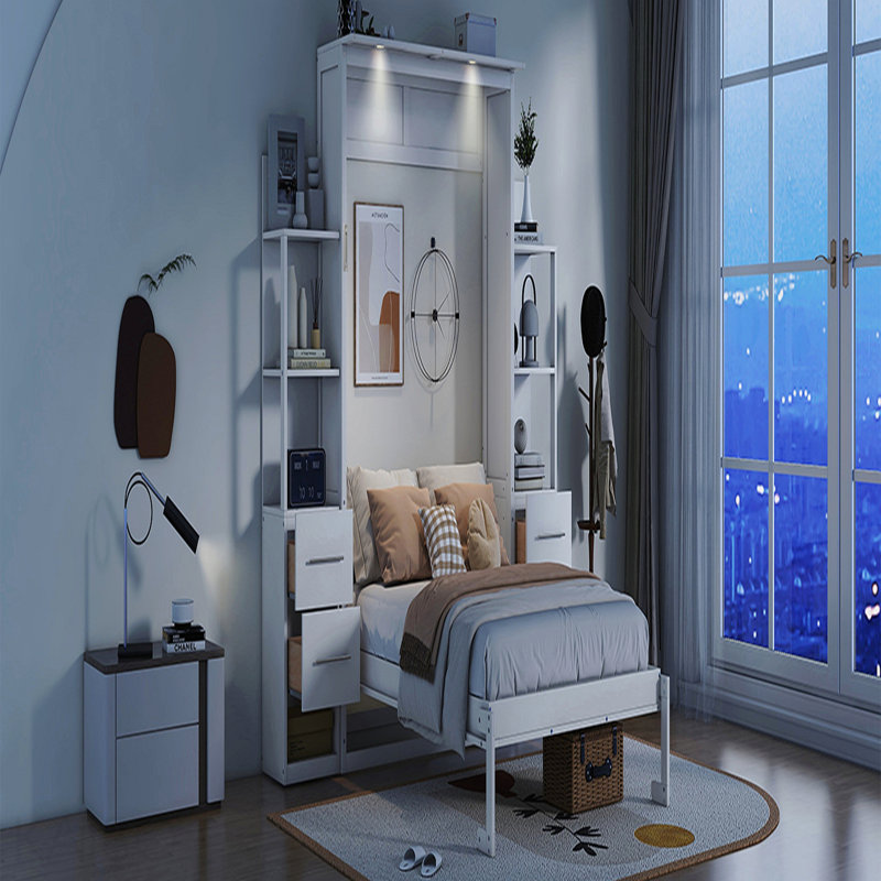 Lit escamotable double pleine grandeur avec tablettes, tiroirs et lumières à DEL, blanc